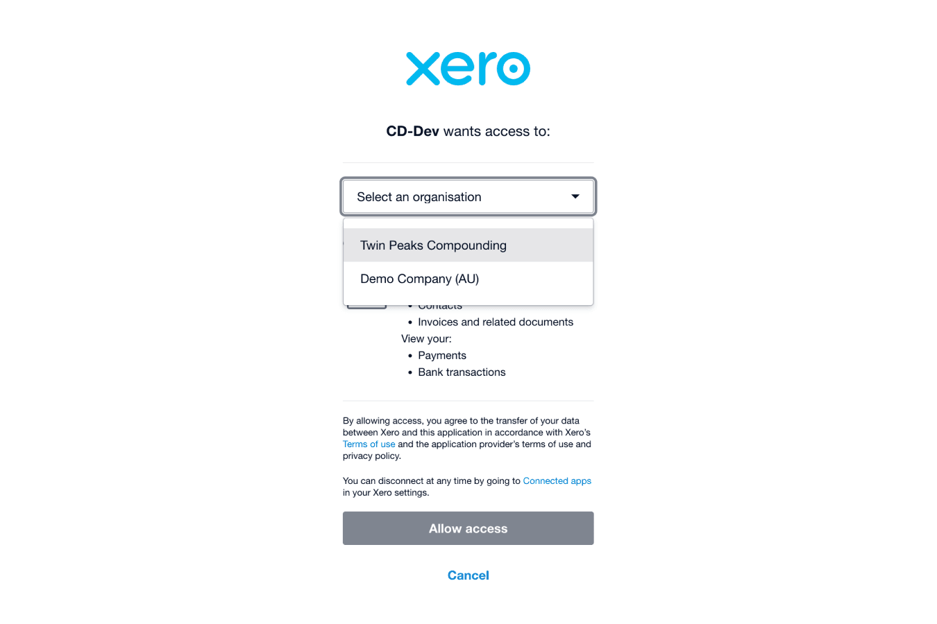 Select an organisation via drop-down for multiple orgs available in Xero portal