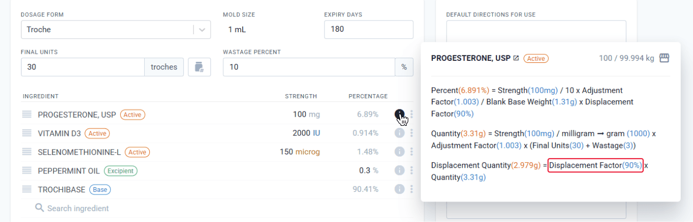 Progesterone, displacement factor calculations