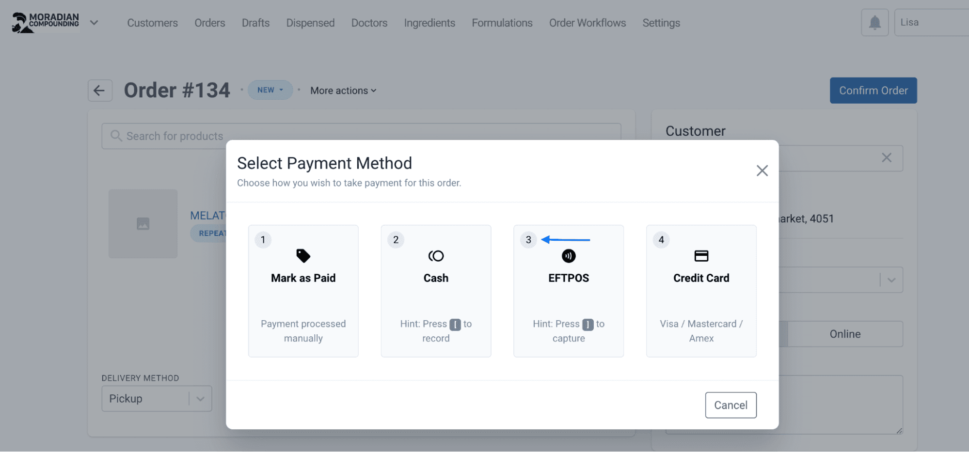 Select payment method modal, with EFTPOS hotkey: 3 highlighted