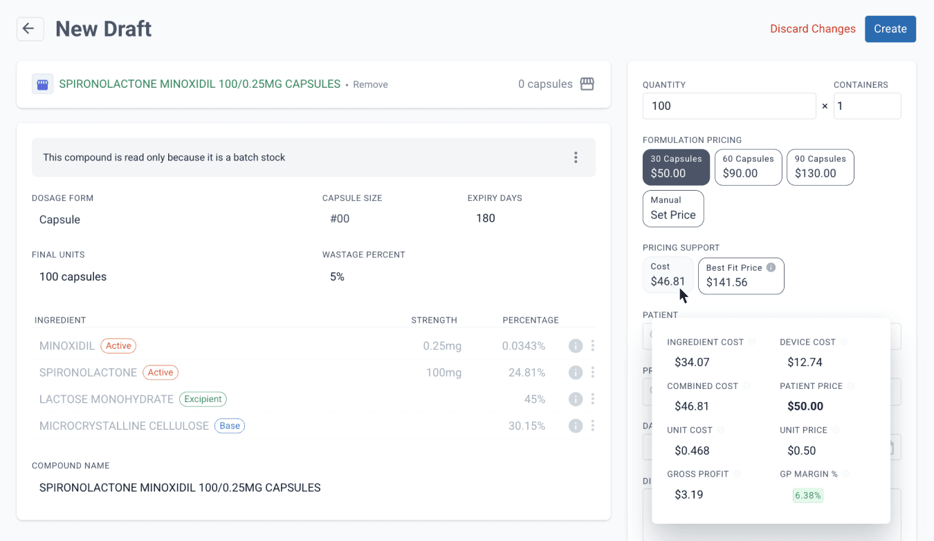 New draft, pricing support cost pop-up