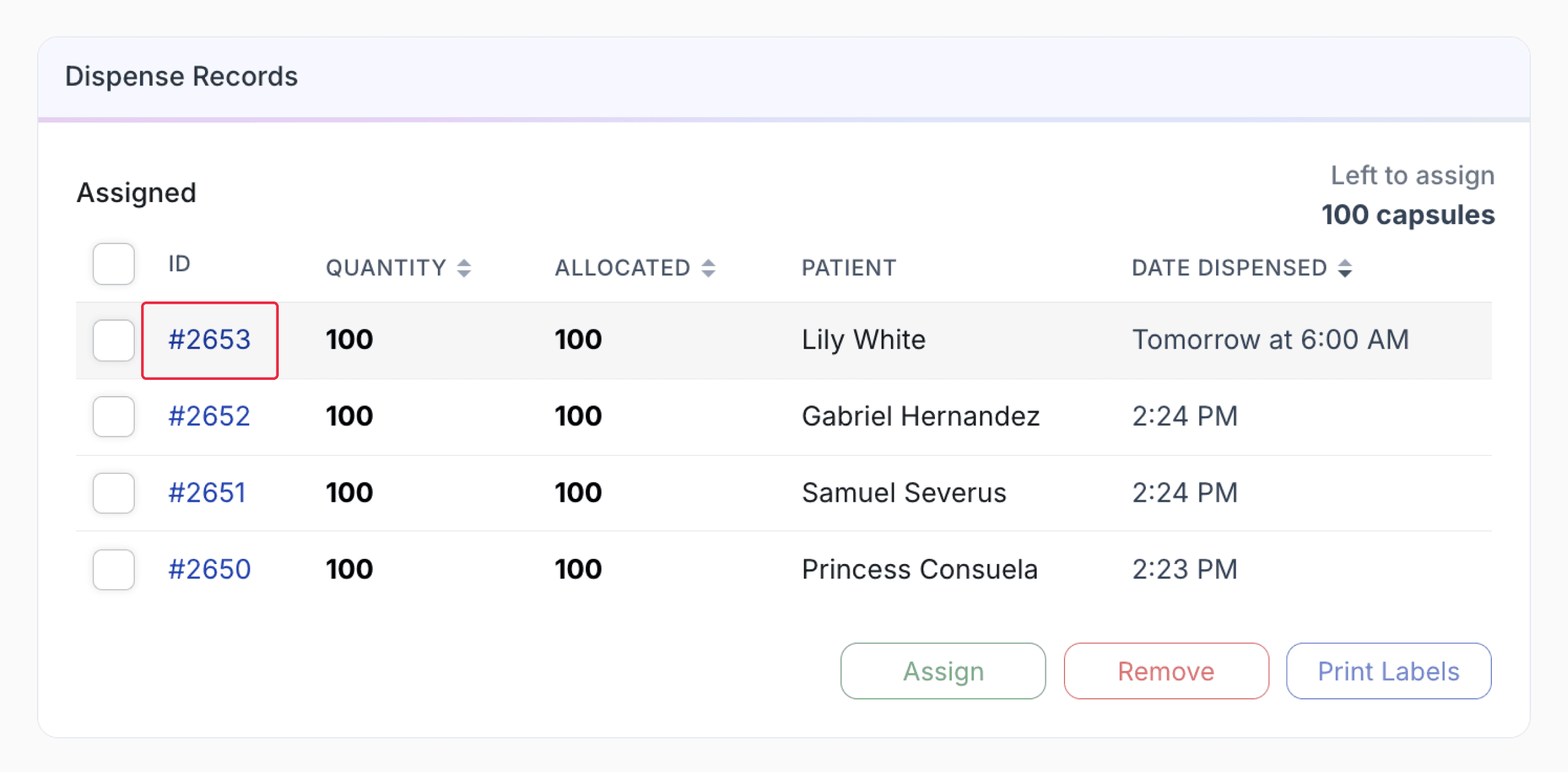 Assigned section, highlighted dispensed record ID in compound group page