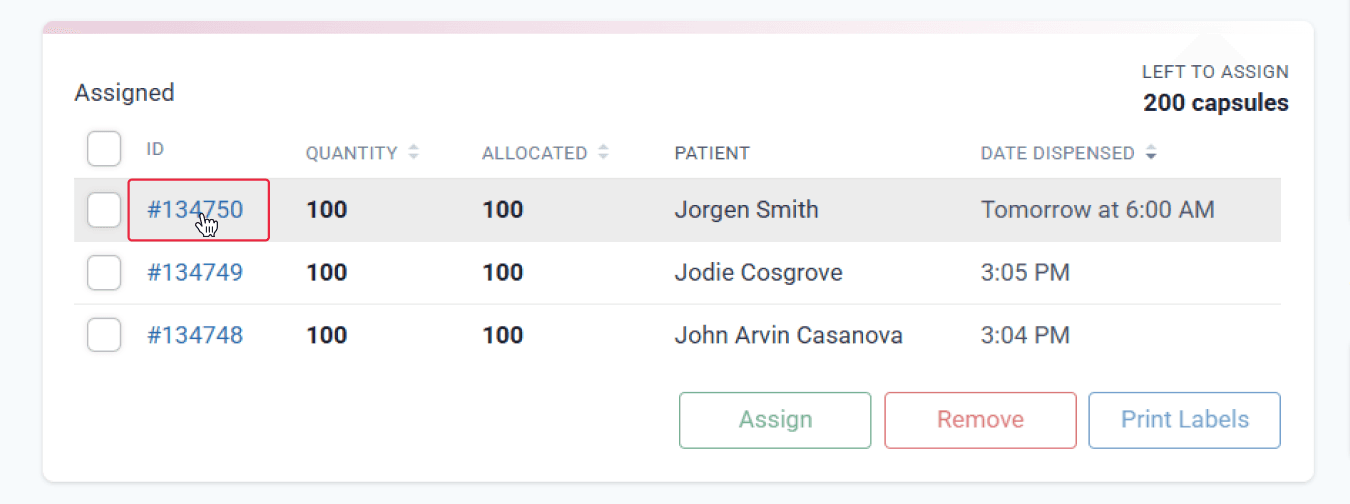 Assigned section, highlighted dispensed record ID in compound group page