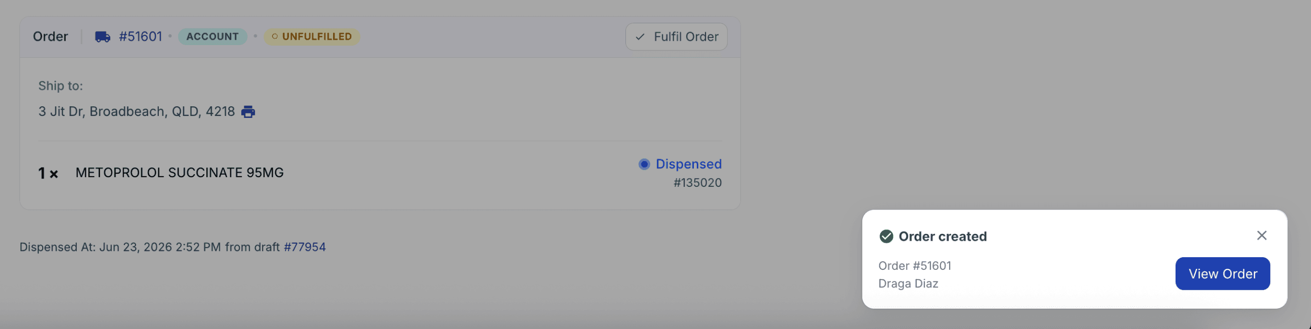 order created popup