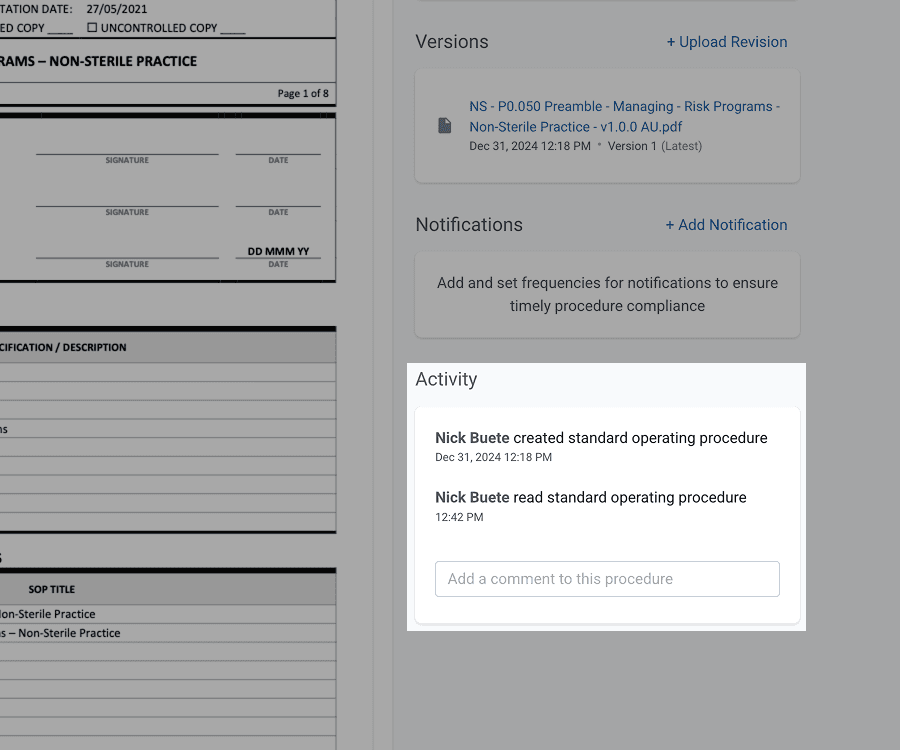Activity section highlighted in standard operating procedures page