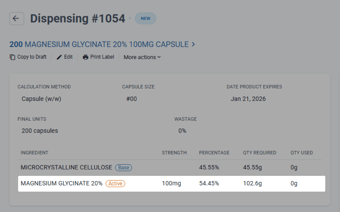 Dispensing #1054 isolated magnesium glycinate 20% active