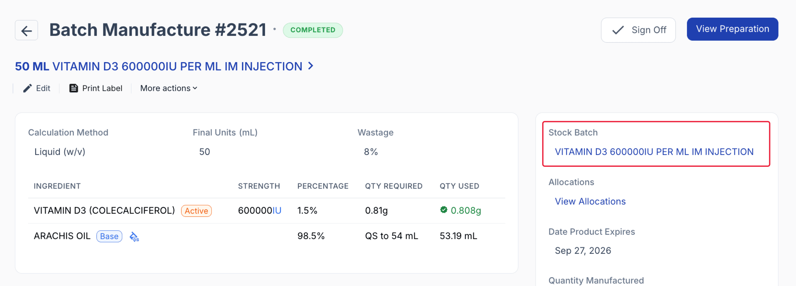 click on the batch stock record