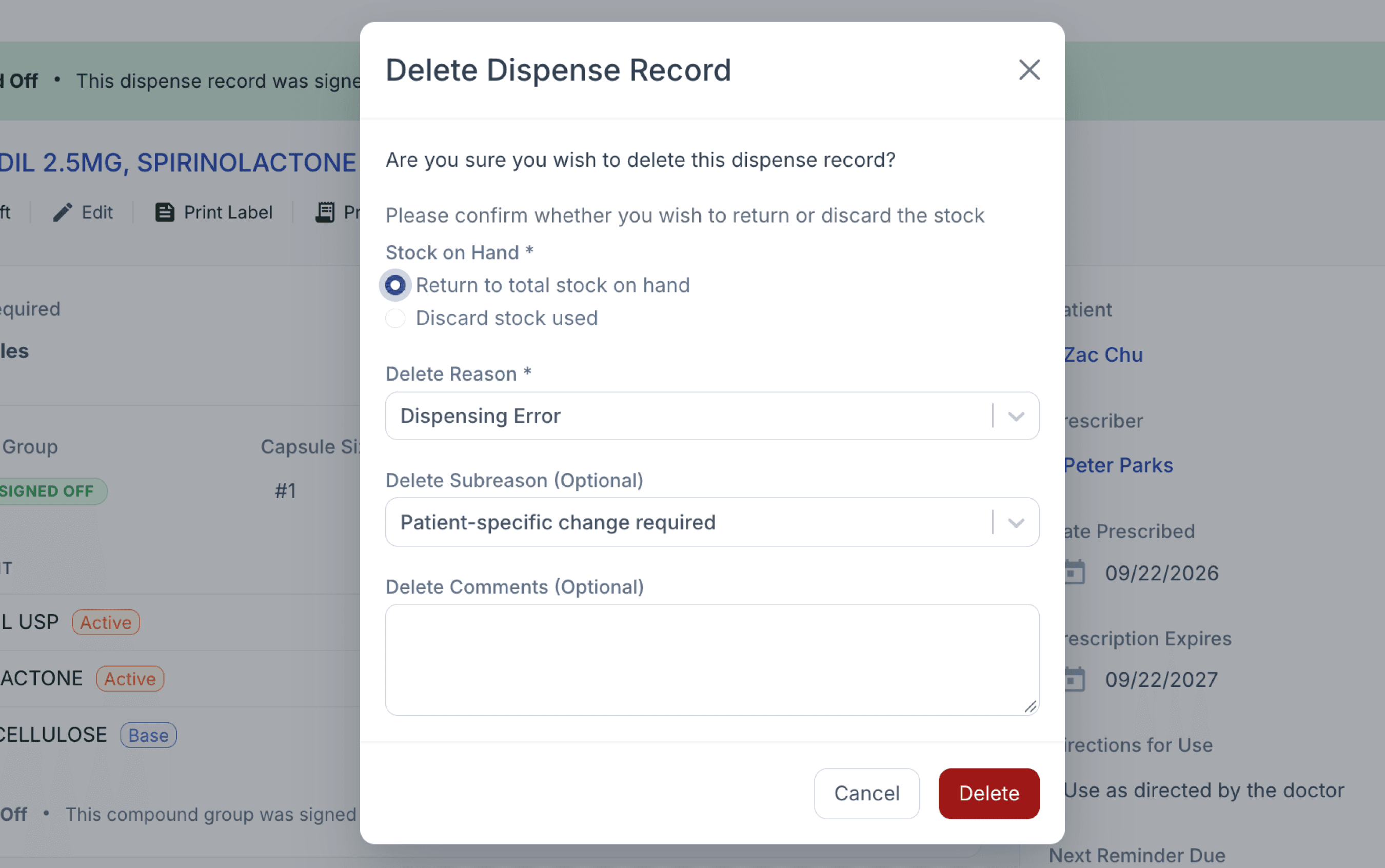 Delete dispensing modal, selected return to total stock on hand, with delete button highlighted