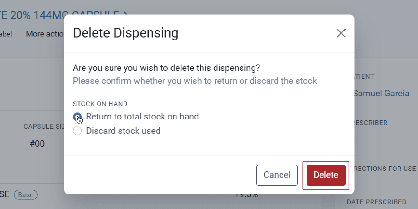 Delete dispensing modal, selected return to total stock on hand, with delete button highlighted
