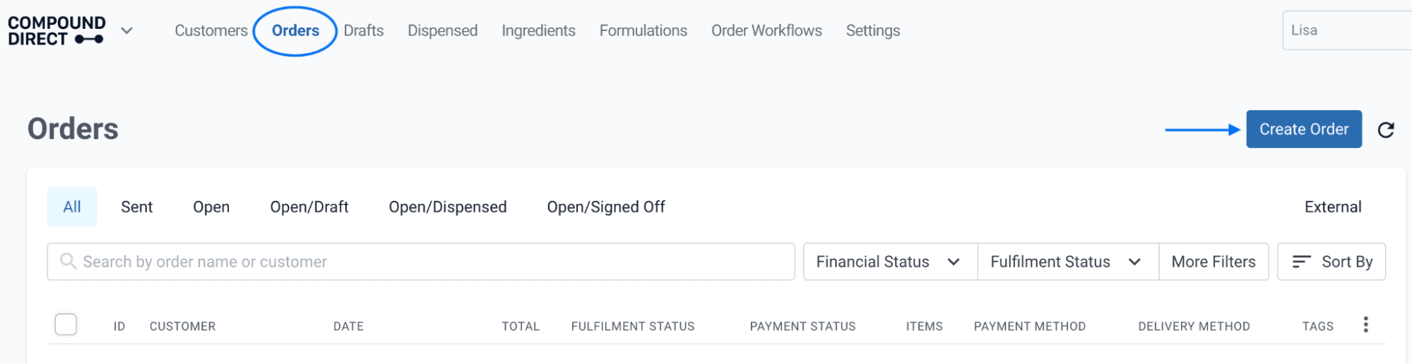 Orders page highlighted orders tab and pointed create order