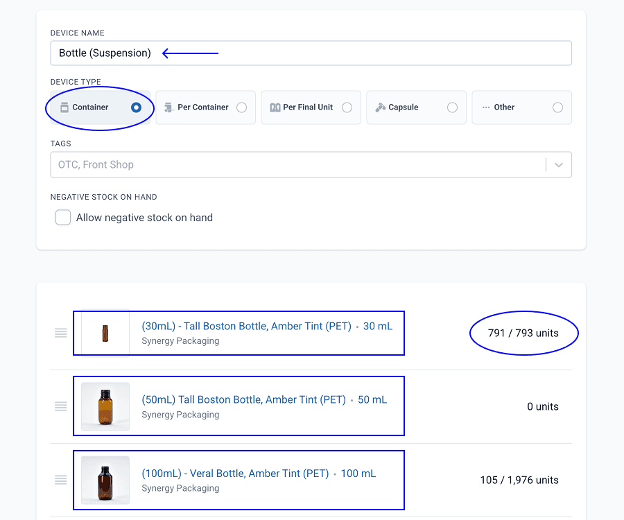 pointed and highlighted parts for bottle (suspension)