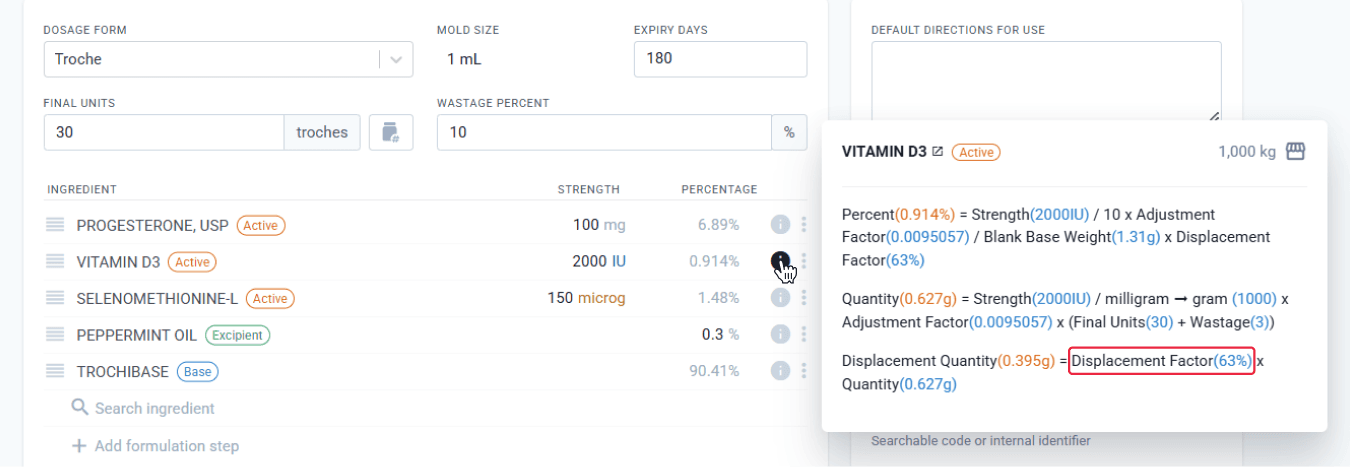 Vitamin D3 has a displacement factor of 63%