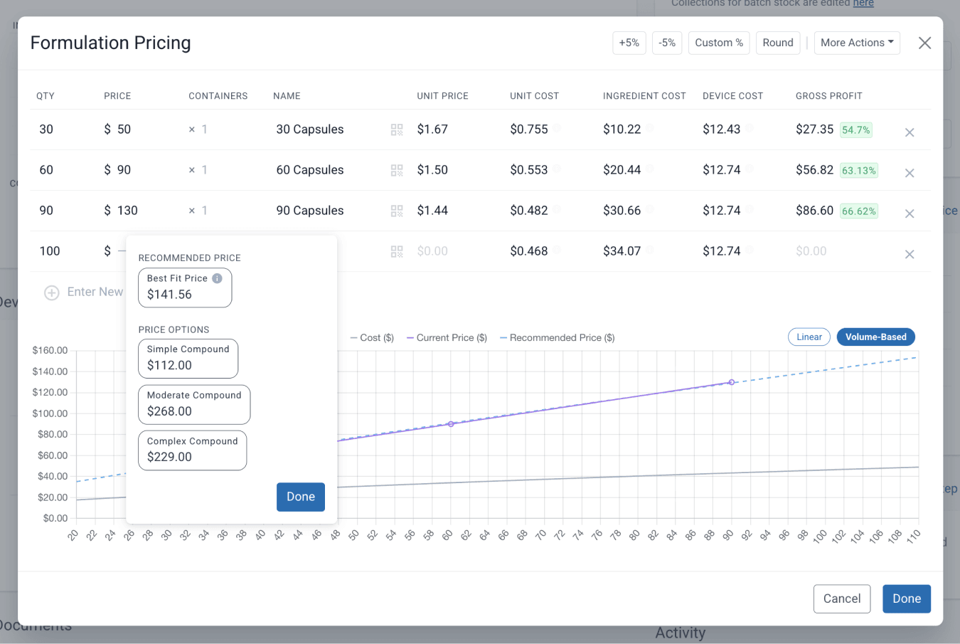 Formulation pricing modal with recommended price pop-up
