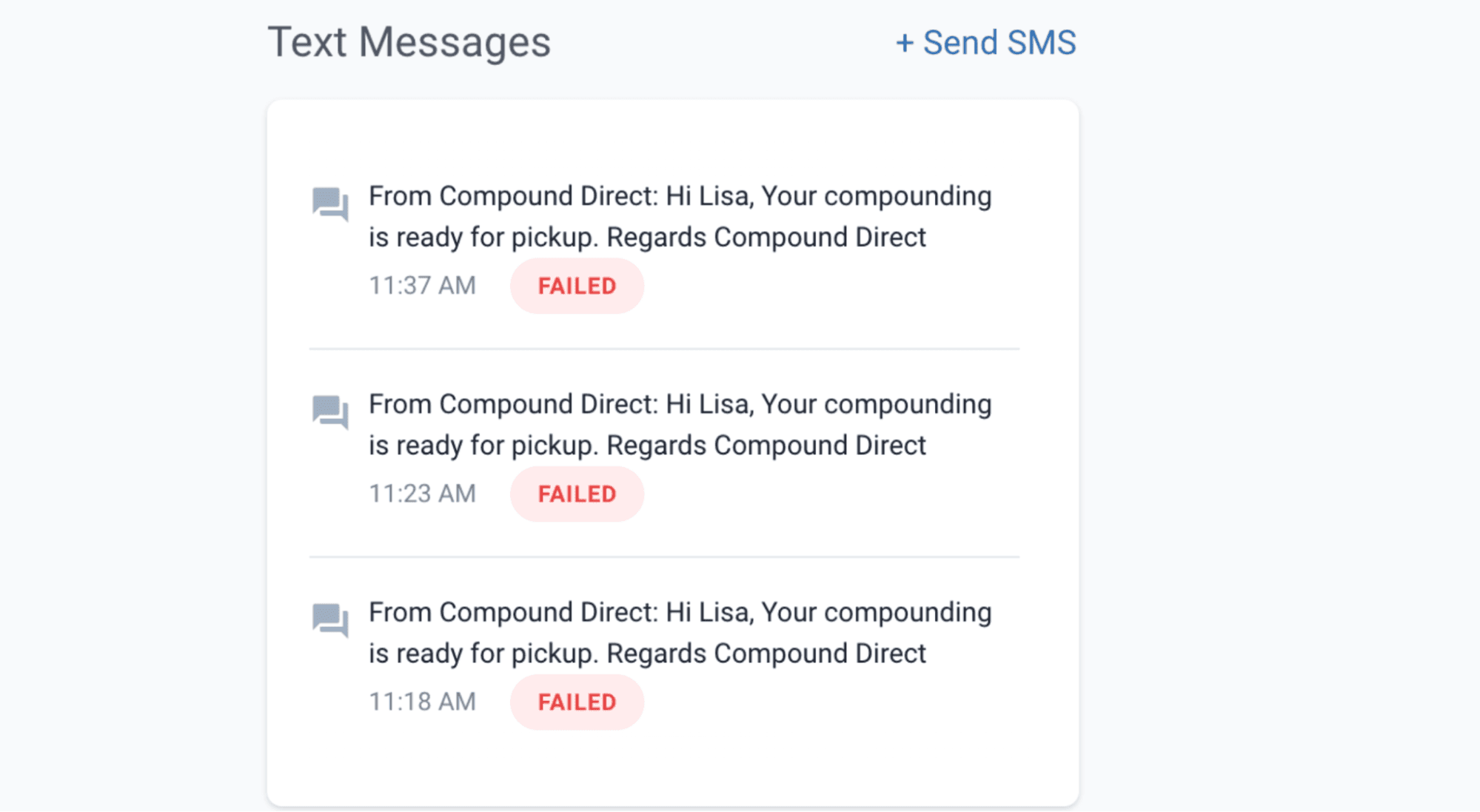 Text messages section with failed badges