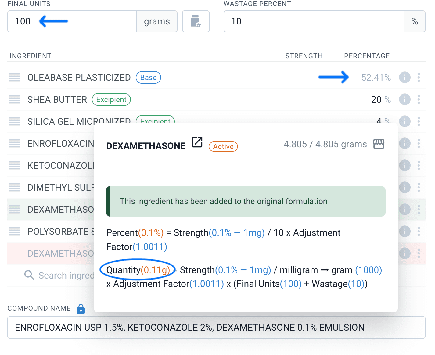 Dexamethasone calculations, highlighted quantity, pointed final units and percentage