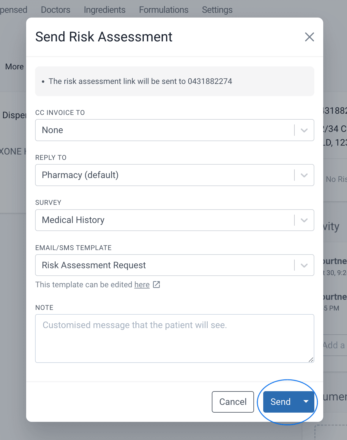 Send risk assessment modal, highlighted send button