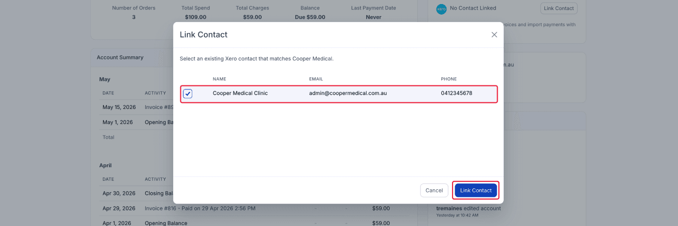 Xero Contact highlighted on Link Contact modal