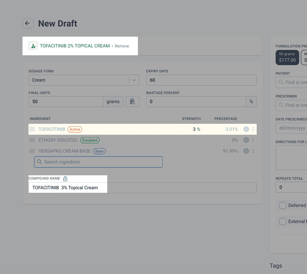 New draft page with highlighted formulation parts