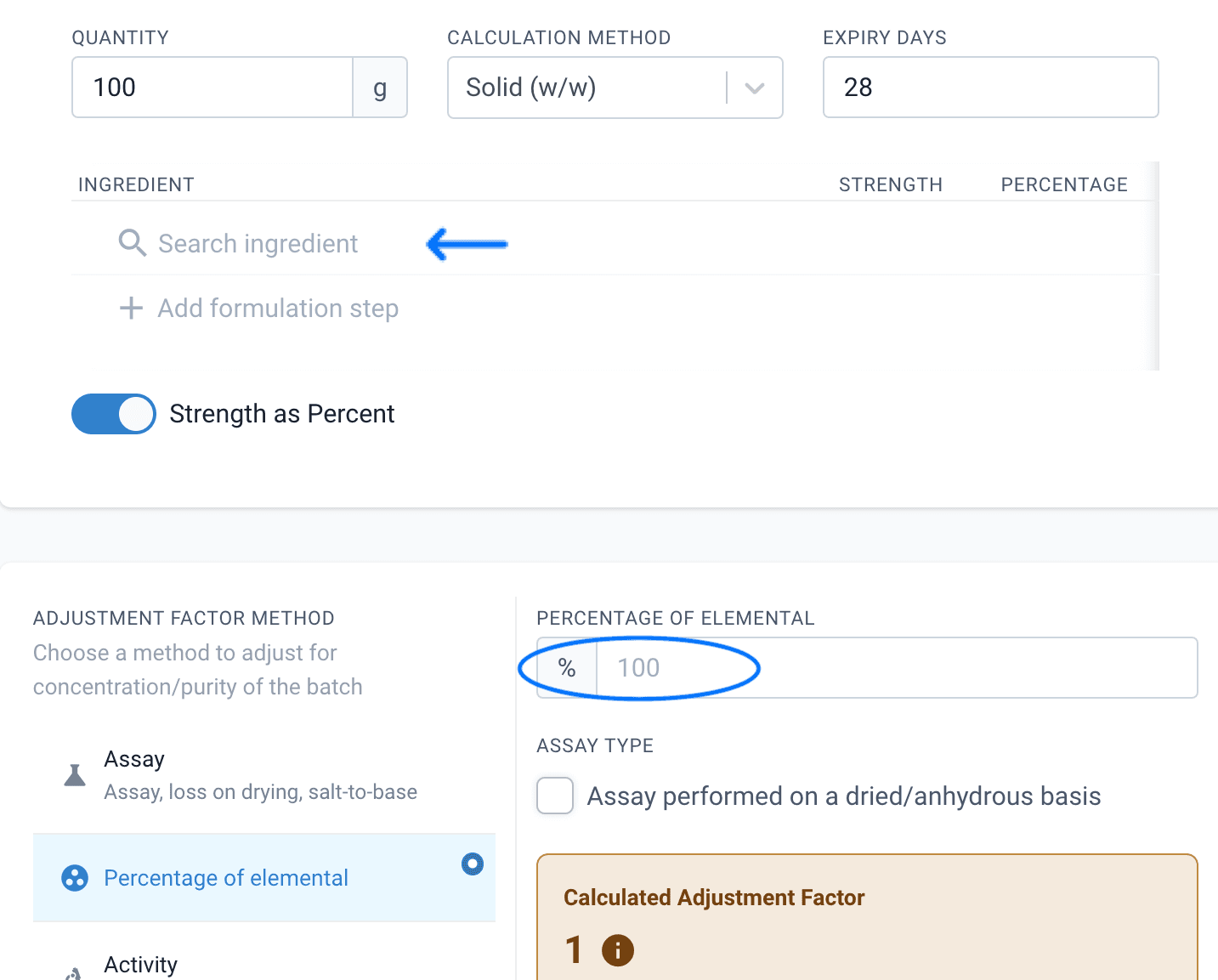 Aliquot/dilution page, pointed search ingredient bar and highlighted percentage of elemental