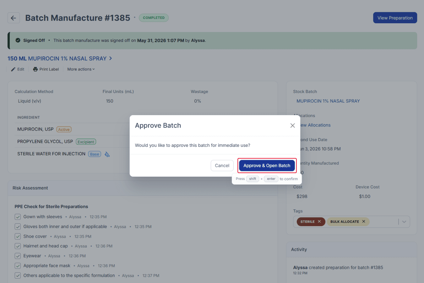 Batch Manufacture #1385 page, approve batch modal, approve & open batch button