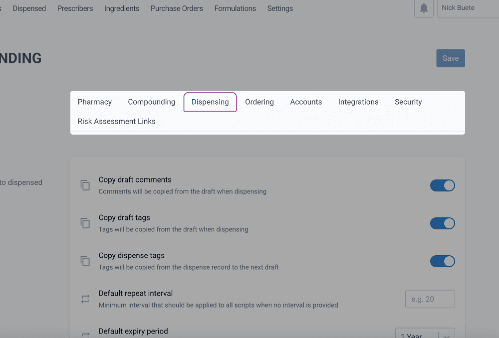Your workspace - dispensing tab