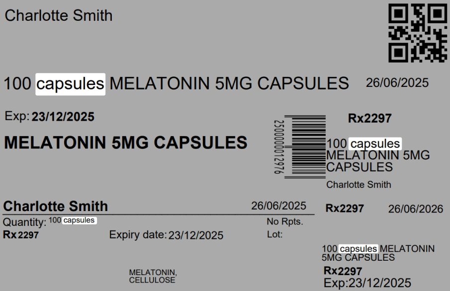 Print label (preview) for melatonin 5mg capsules