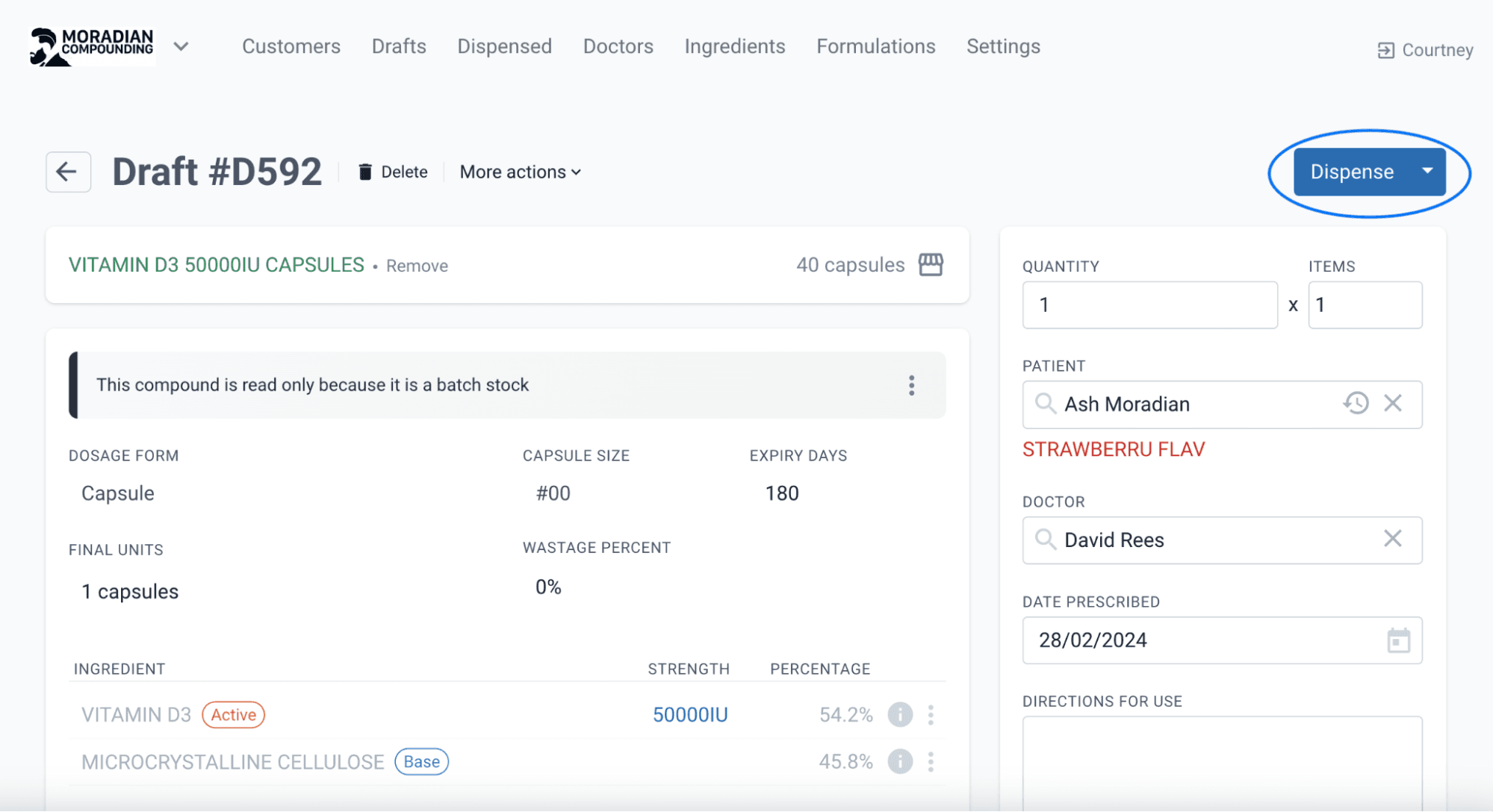 Highlight dispense button, draft #D592 page