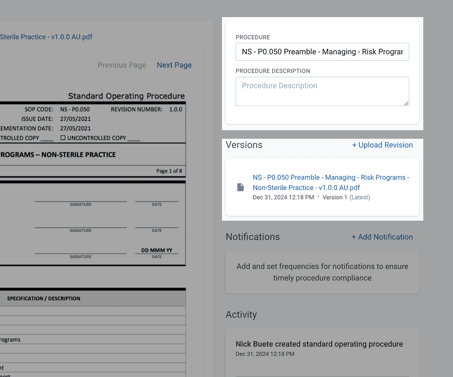 Procedure, procedure description and versions section
