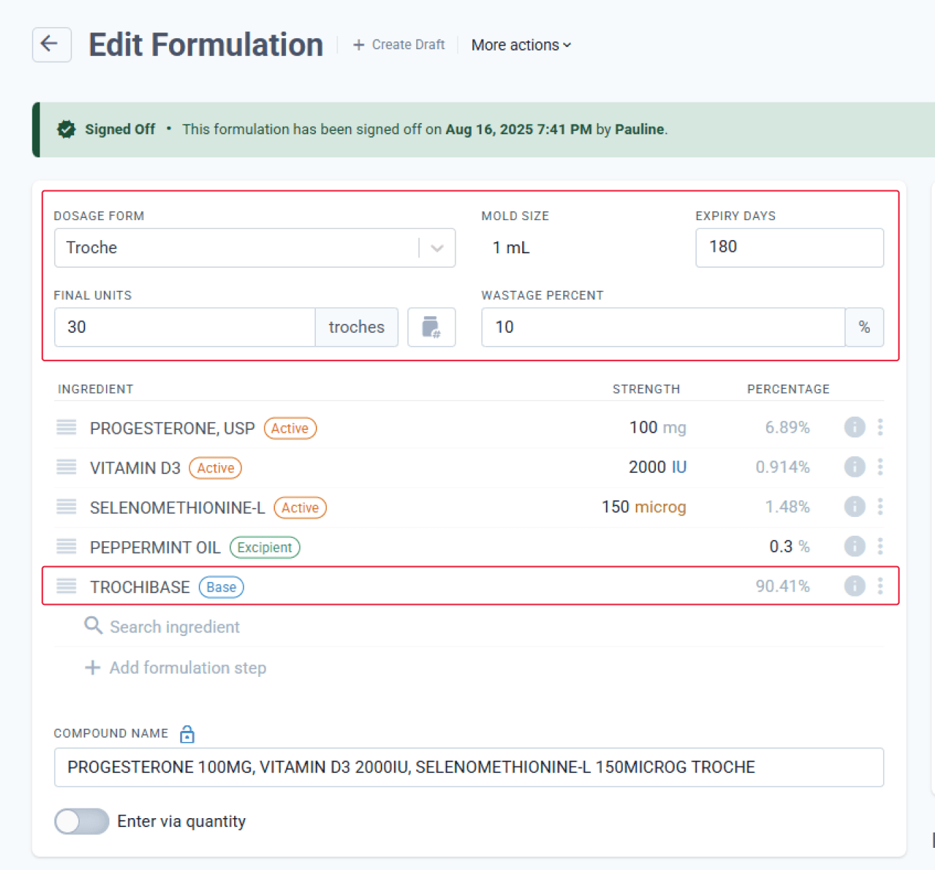 edit formulation with highlighted parts for troche