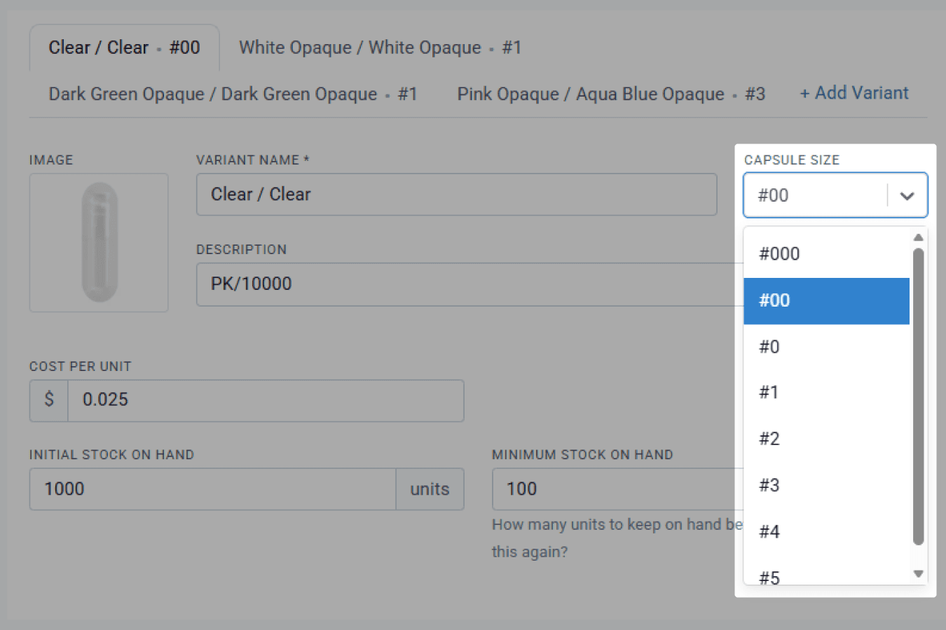 Highlighted: capsule size selection for coni-snap capsule clear / clear #00