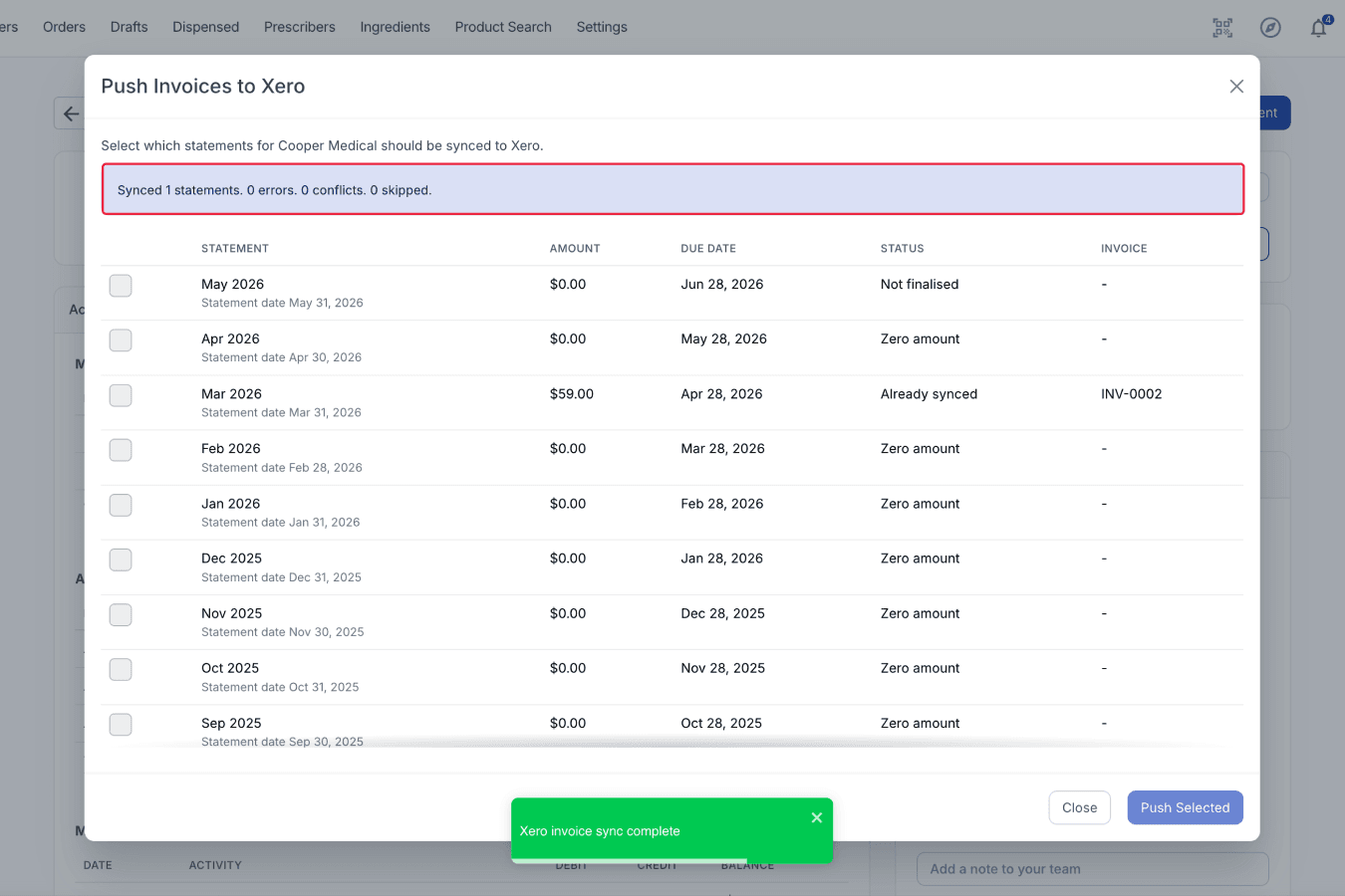 Result for pushed invoices highlighted on Push Invoices to Xero modal