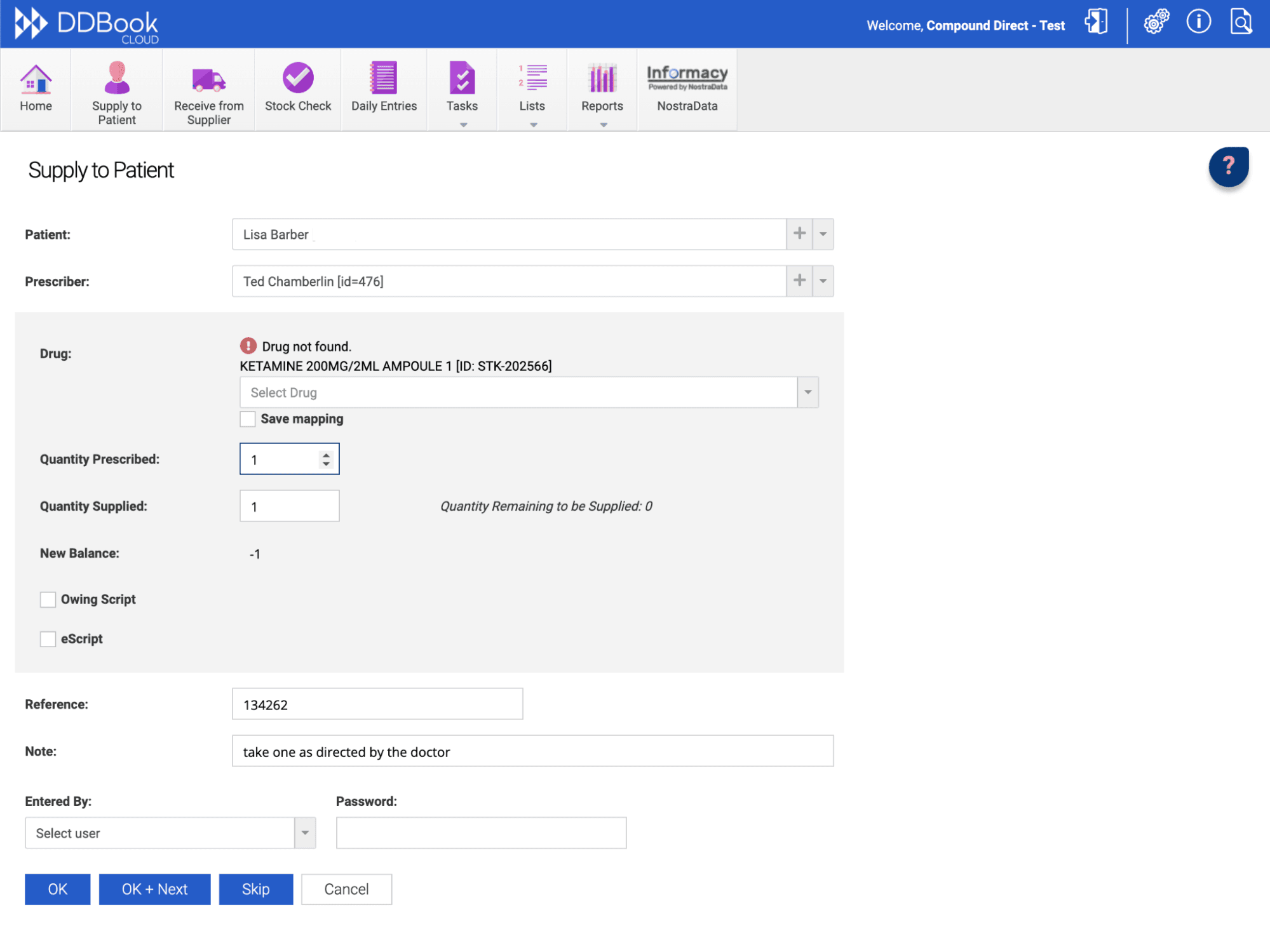 DDBook page, supply to patient tab