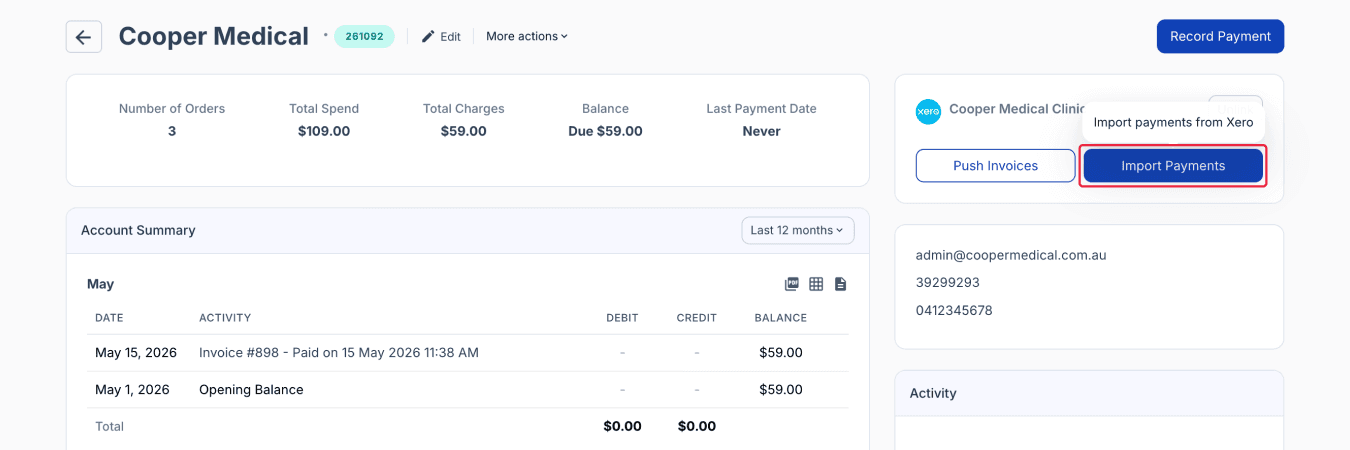 Import payments button highlighted on accounts page