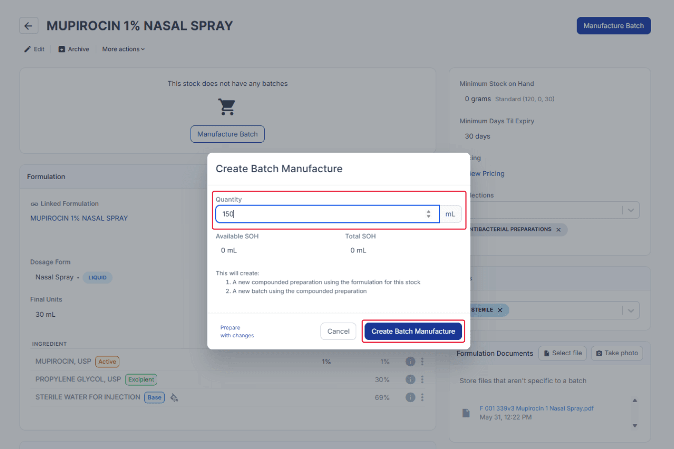 Mupirocin 1% Nasal Spray, Create Batch Manufacture modal
