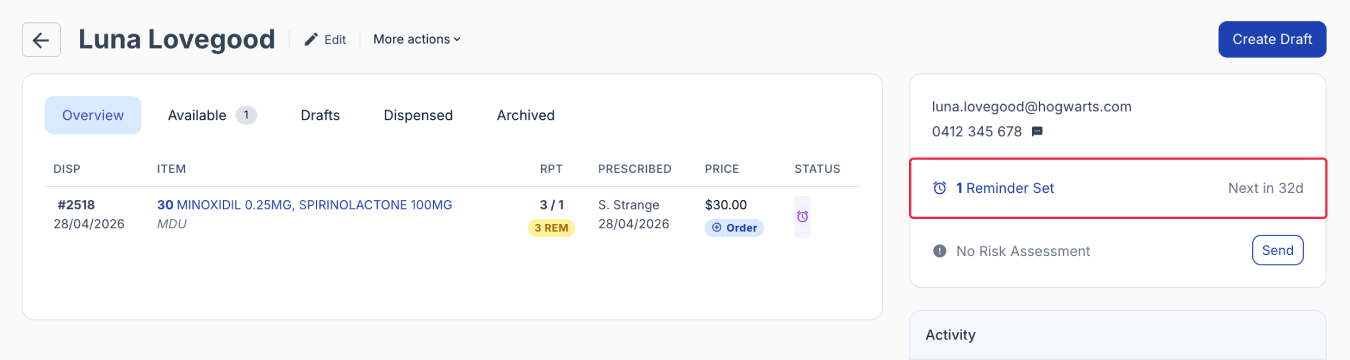 customer page available reminder set