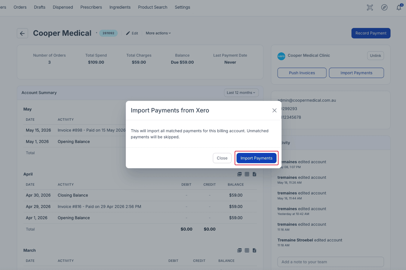 Import payments button highlighted on Import Payments from Xero modal