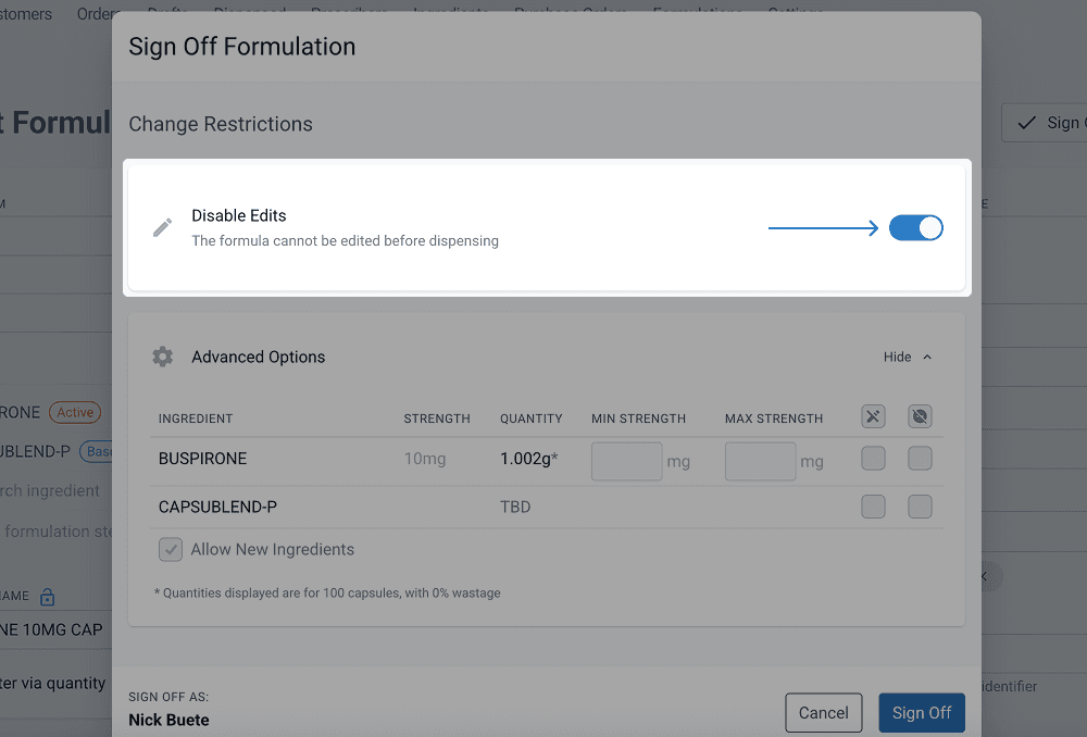 Disable edits - isolated from signed off formulation modal