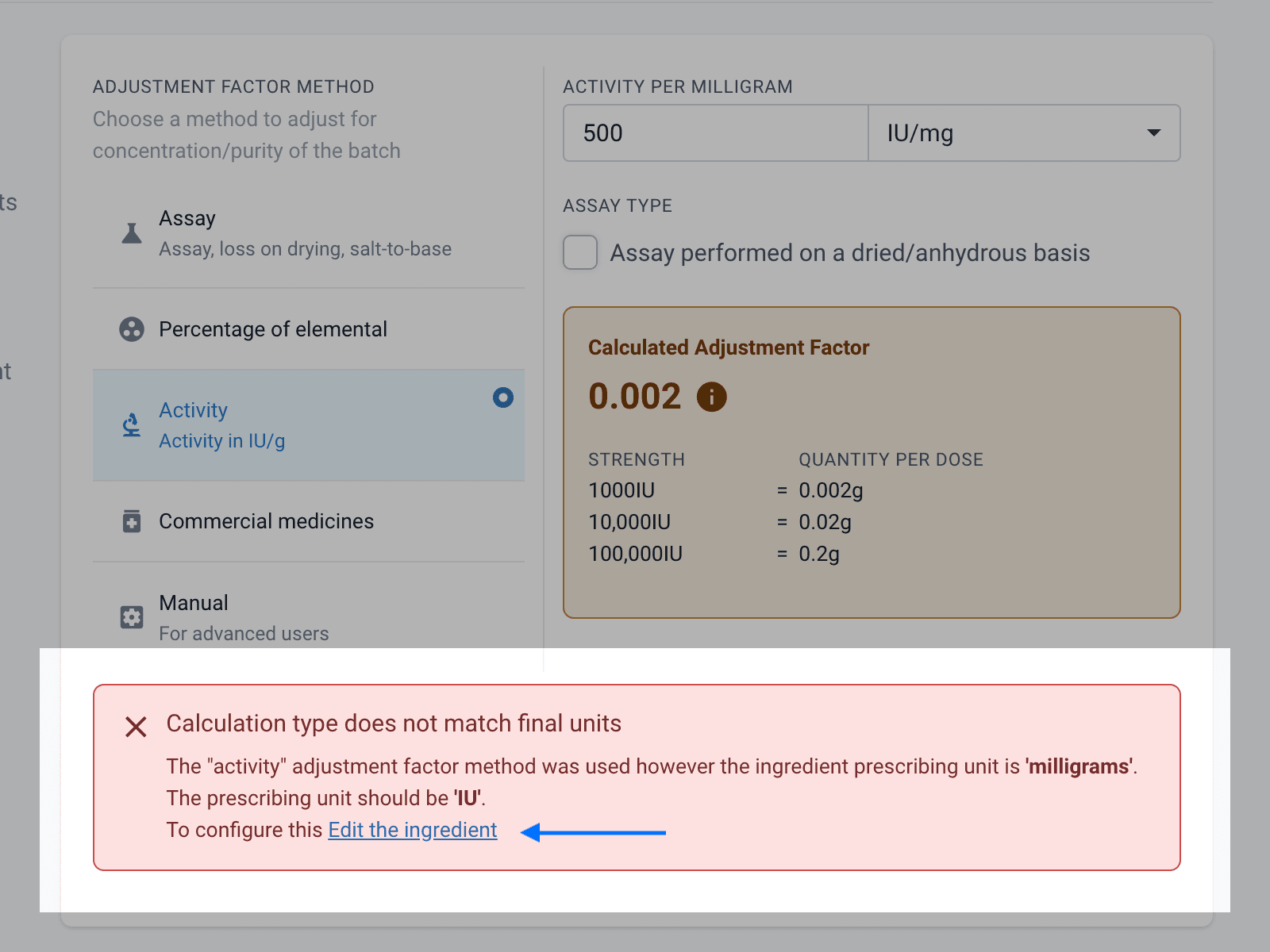 Calculation type does not match final units alert, highlighted edit the ingredient button