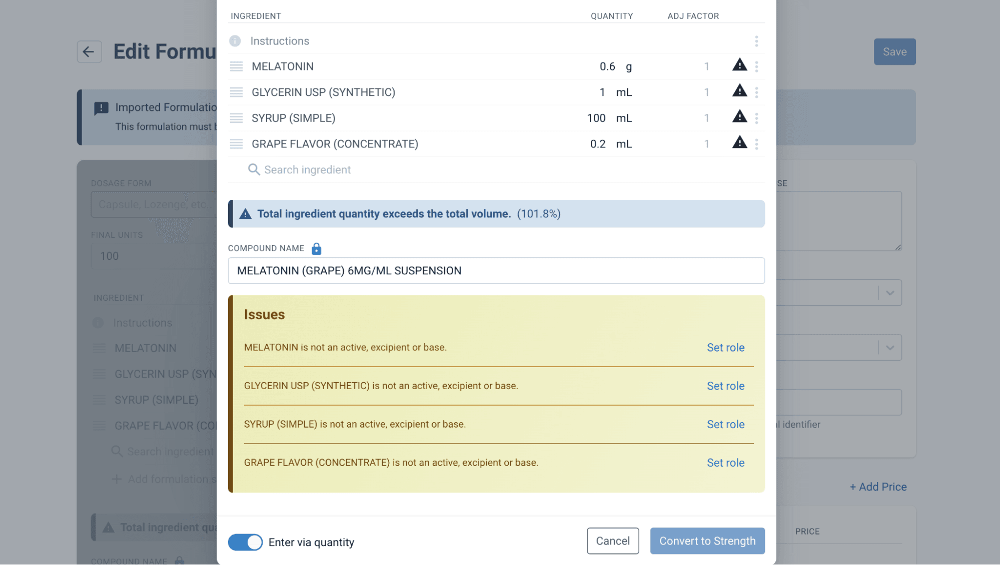 Convert formulation to strength modal with issues