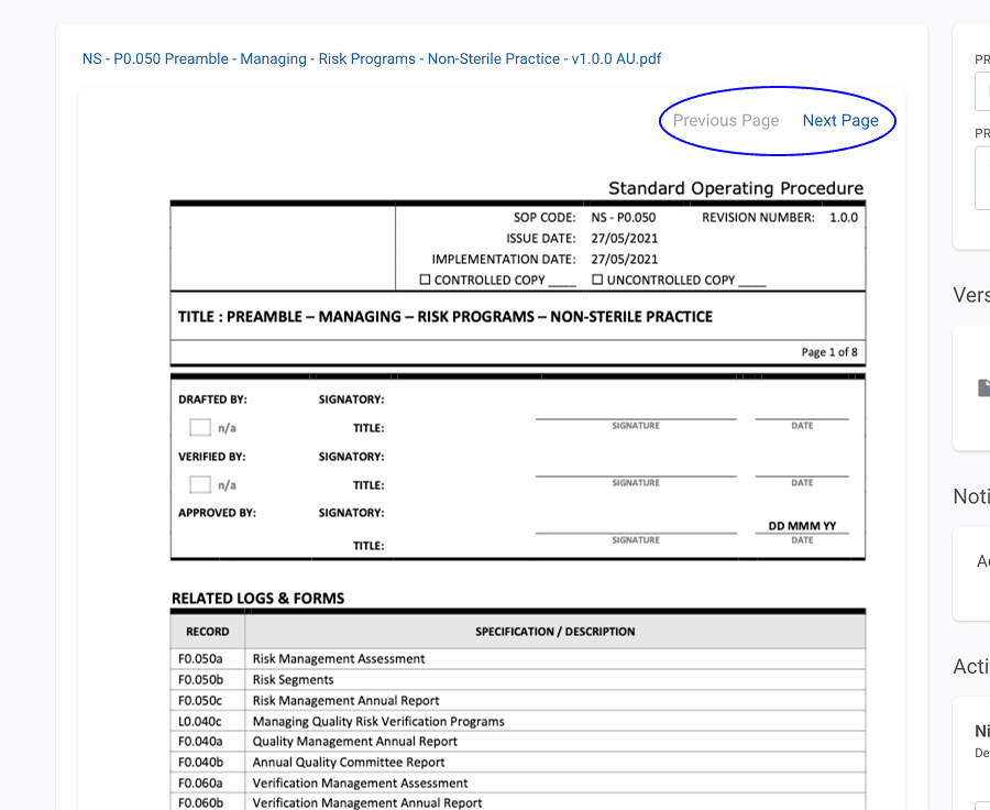 Previous and next page buttons highlighted on a standard operating procedure sample