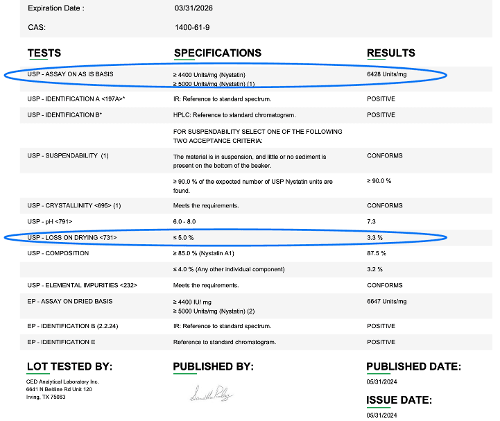 Certificate of analysis, highlighted USP - assay on as is basis and USP - loss on drying