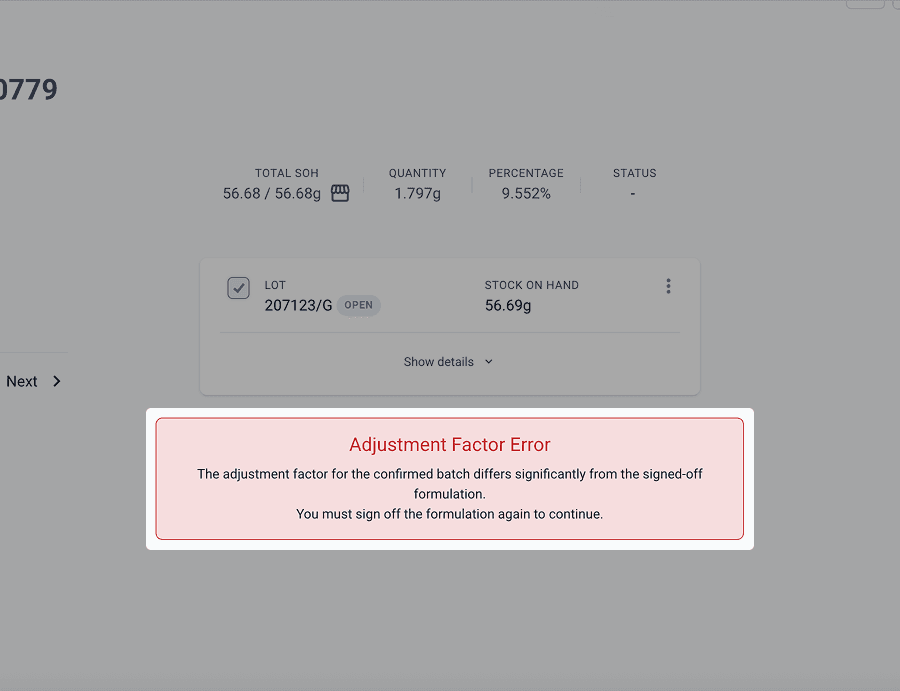 Adjustment factor error alert