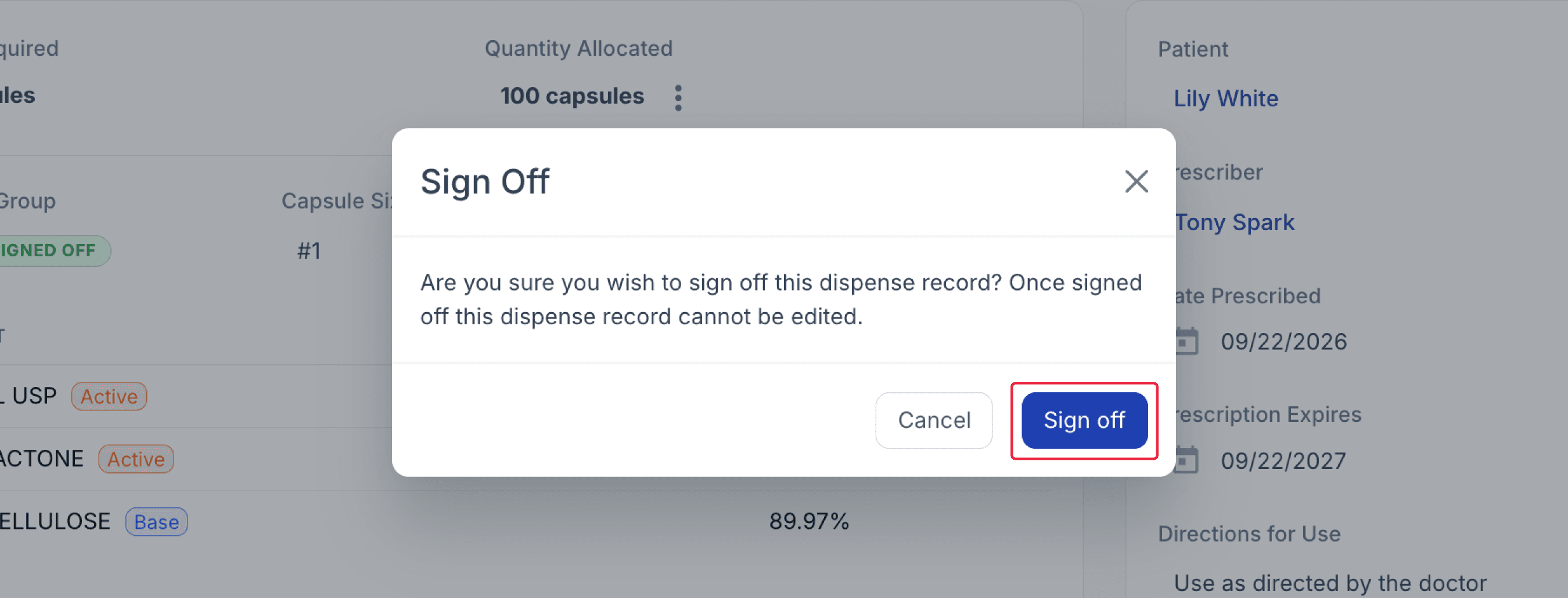 Sign off modal, highlighted sign off button