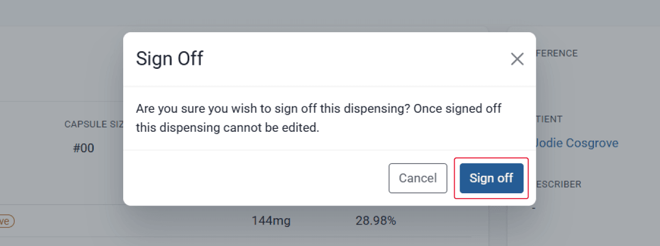 Sign off modal, highlighted sign off button