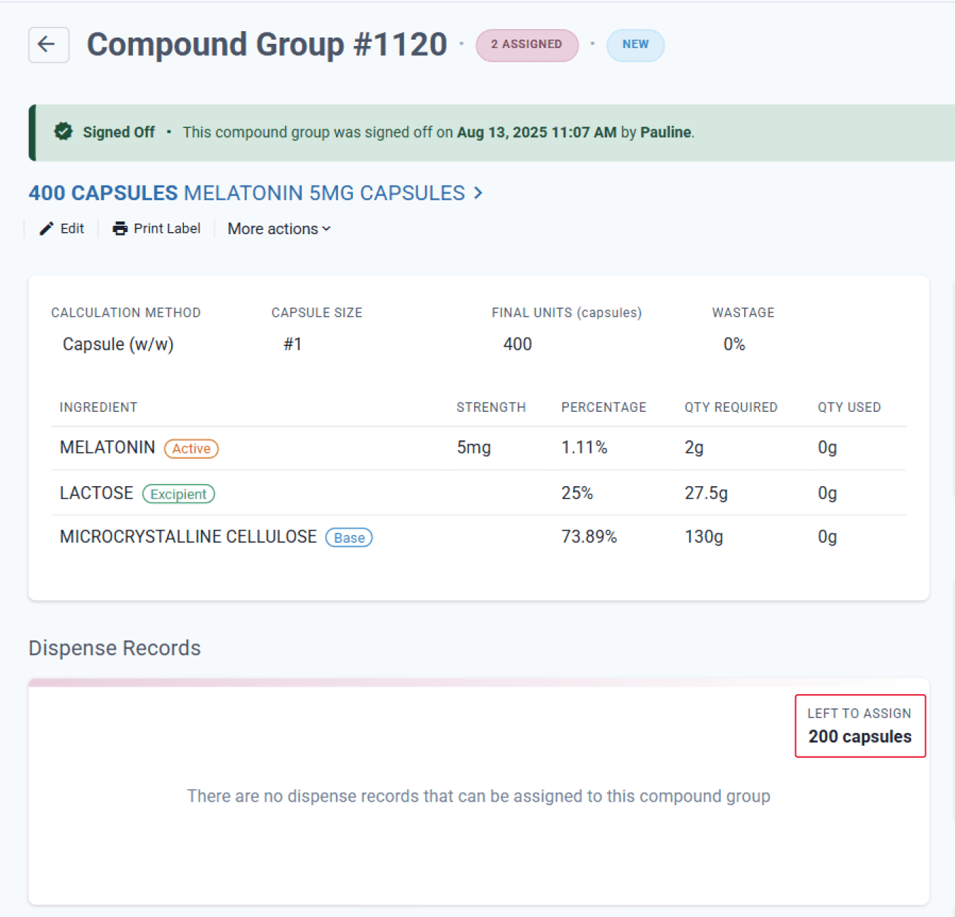 Compound group page, highlighted left to assign 200 capsules