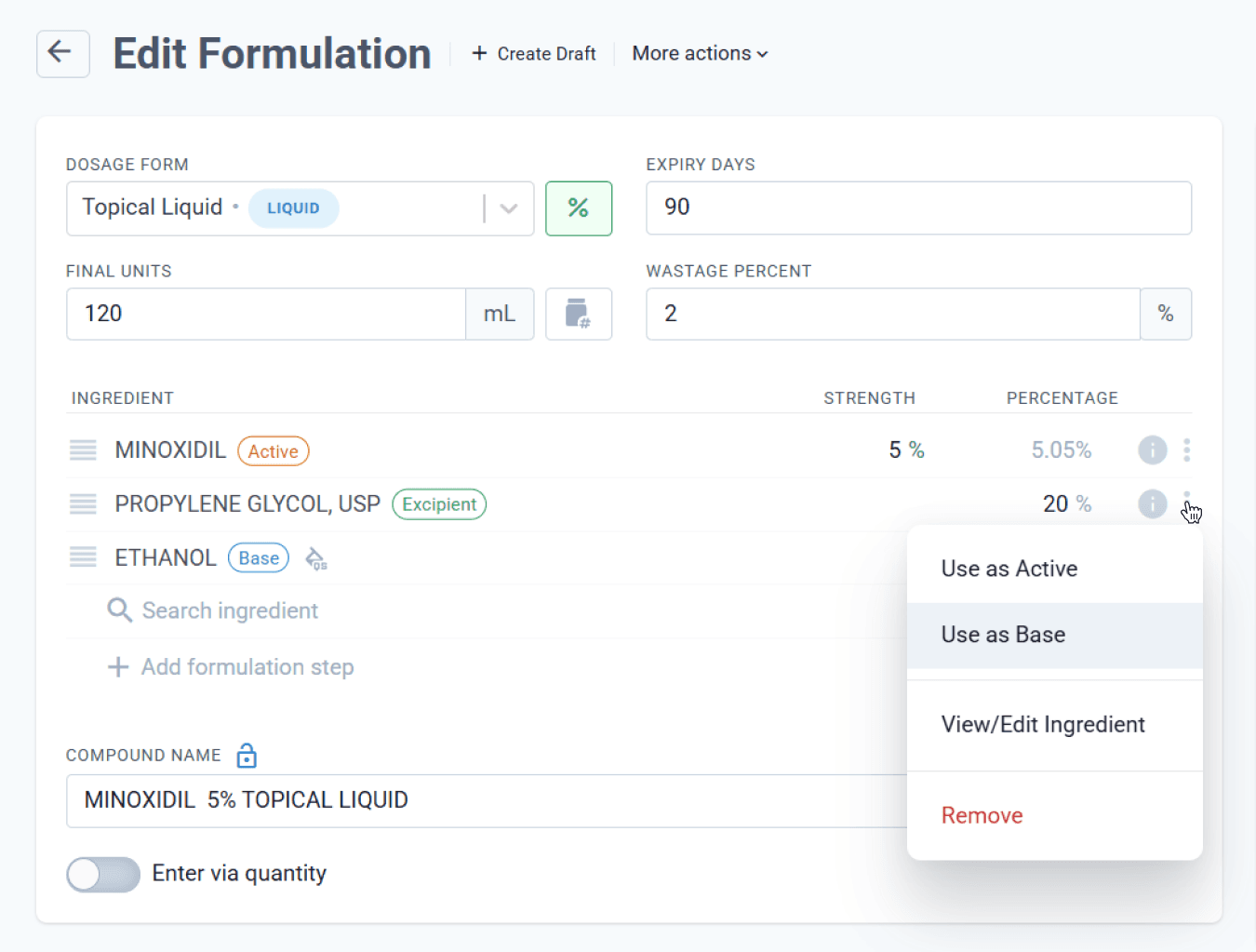 on the ingredient page change the ingredient role