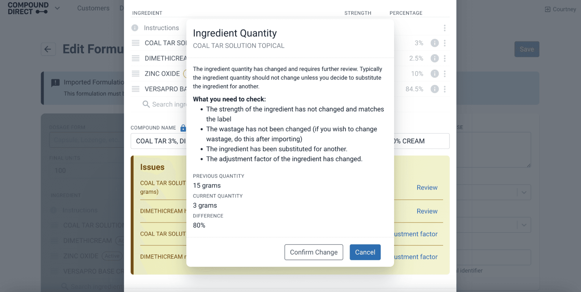Ingredient quantity modal from convert formulation to strength modal in edit formulation page
