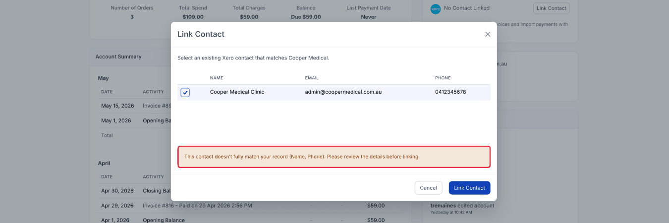 This contact doesn't fully match your record warning on Link Contact modal