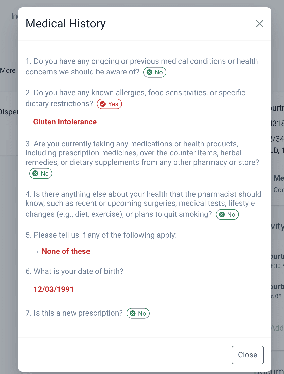 Medical history completed response modal