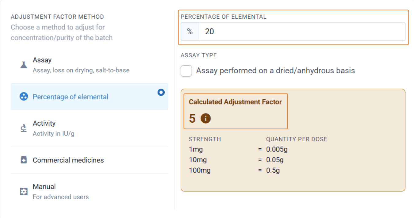 An example of when an adjustment factor is needed is with magnesium glycinate which contains only around 20 active drug