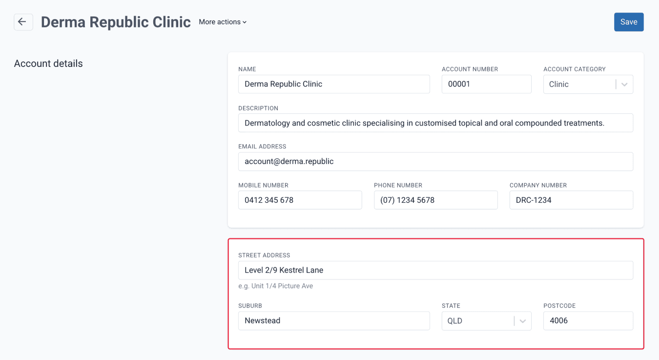 clinic address on account page